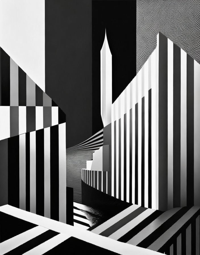 Monochrome geometric art with striped patterns and architectural illusion