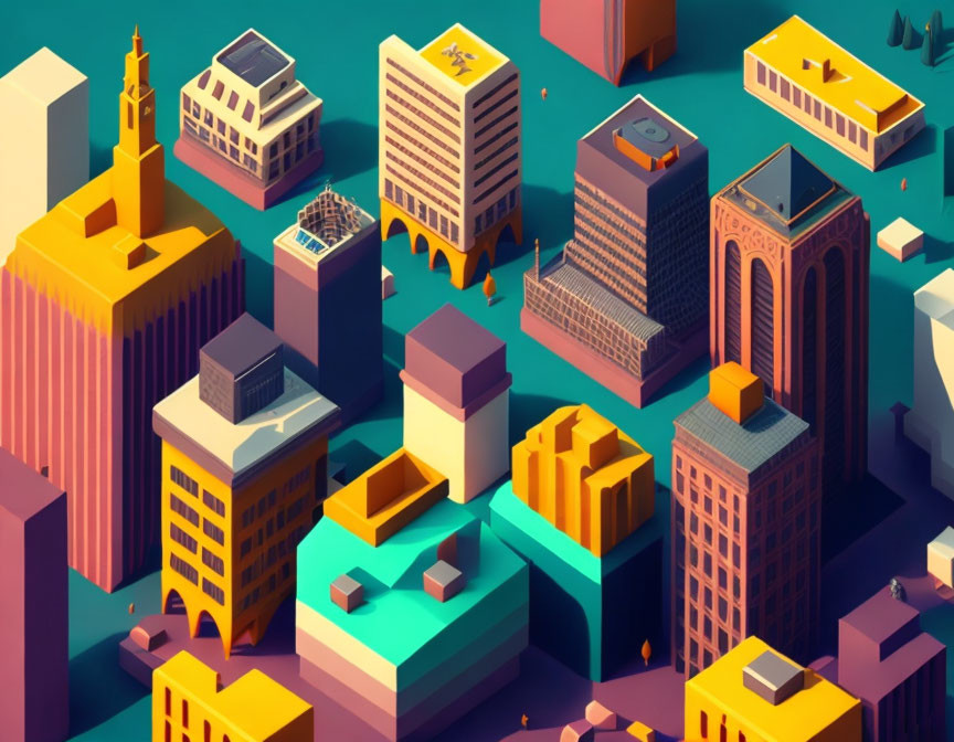 Vibrant isometric cityscape illustration with church and skyscrapers in warm and cool hues