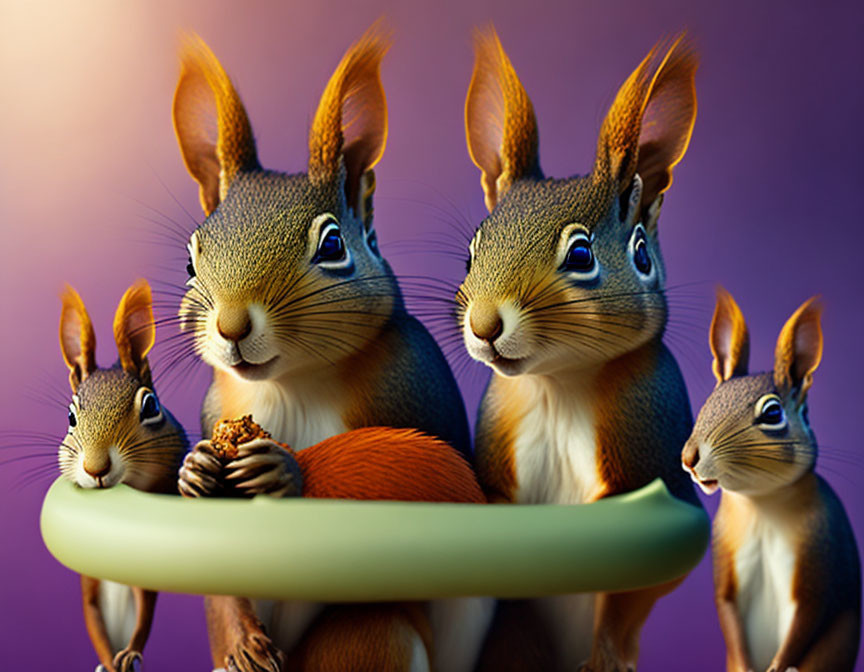 Four animated squirrels on green ring with exaggerated features, one holding acorn