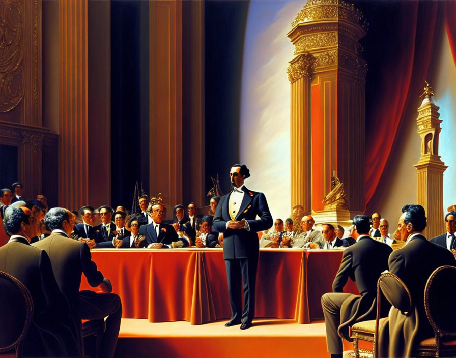 Man in white tuxedo addressing men at curved table in elegant hall