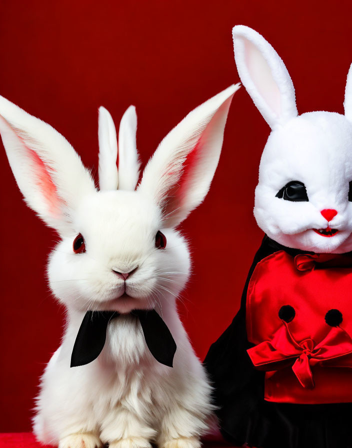 Two figures in rabbit costumes with large ears, one in a bow tie and the other in a red