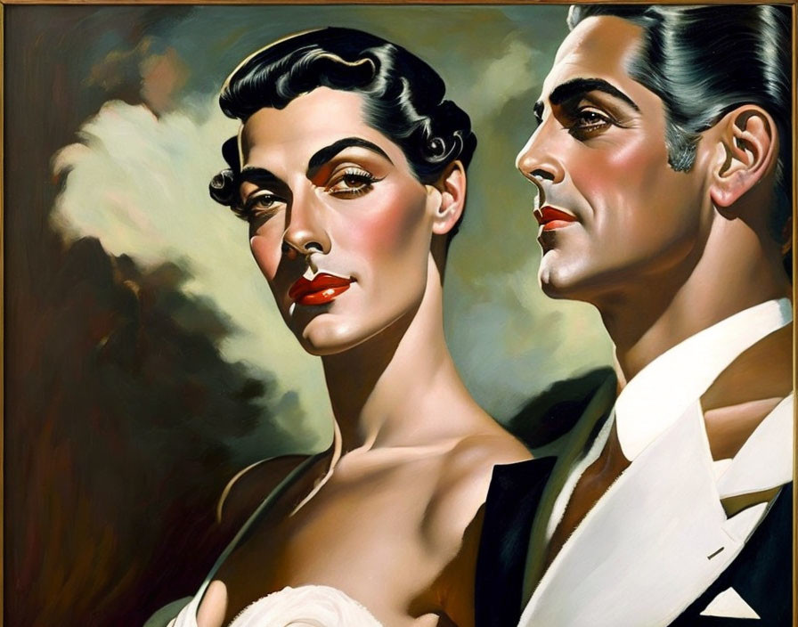 Classic Hollywood glamour vintage-style painting of elegant woman and man.