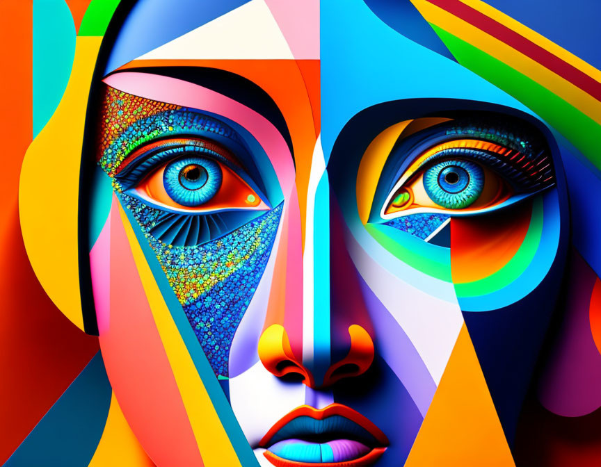 Vibrant digital art: fragmented face with colorful geometric elements