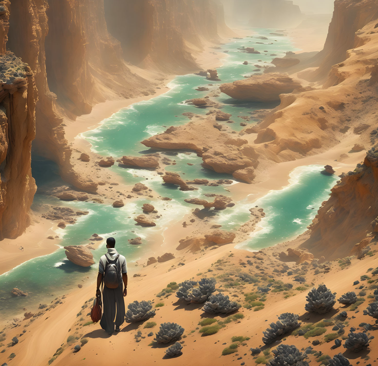 Person admiring vast canyon with turquoise river and towering cliffs.