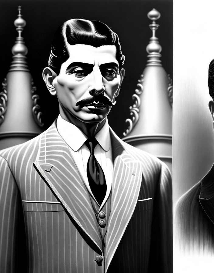 Monochrome illustration of sophisticated man in pinstripe suit with pencil mustache