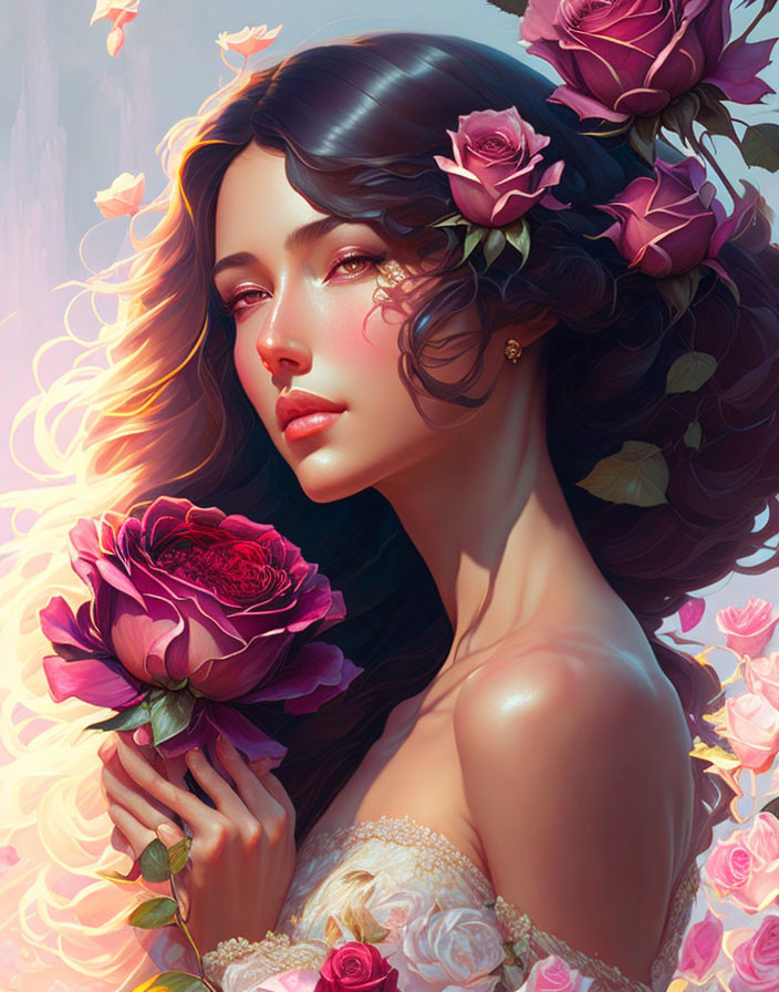 Dark-haired woman with pink roses in dreamy gaze on rosy backdrop