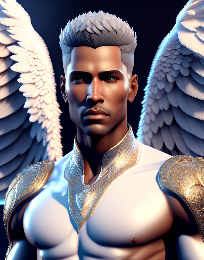 Male angelic figure in golden armor with white wings on dark background