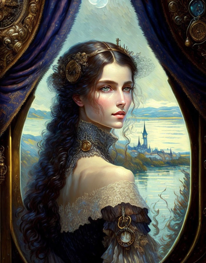 Detailed artwork: Woman with wavy hair, ornate dress, and headpiece, set against castle