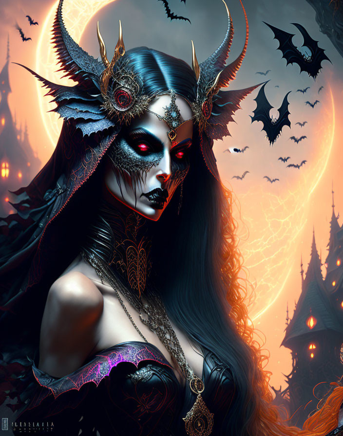 Gothic fantasy illustration of female figure with dark makeup and horned headpiece.