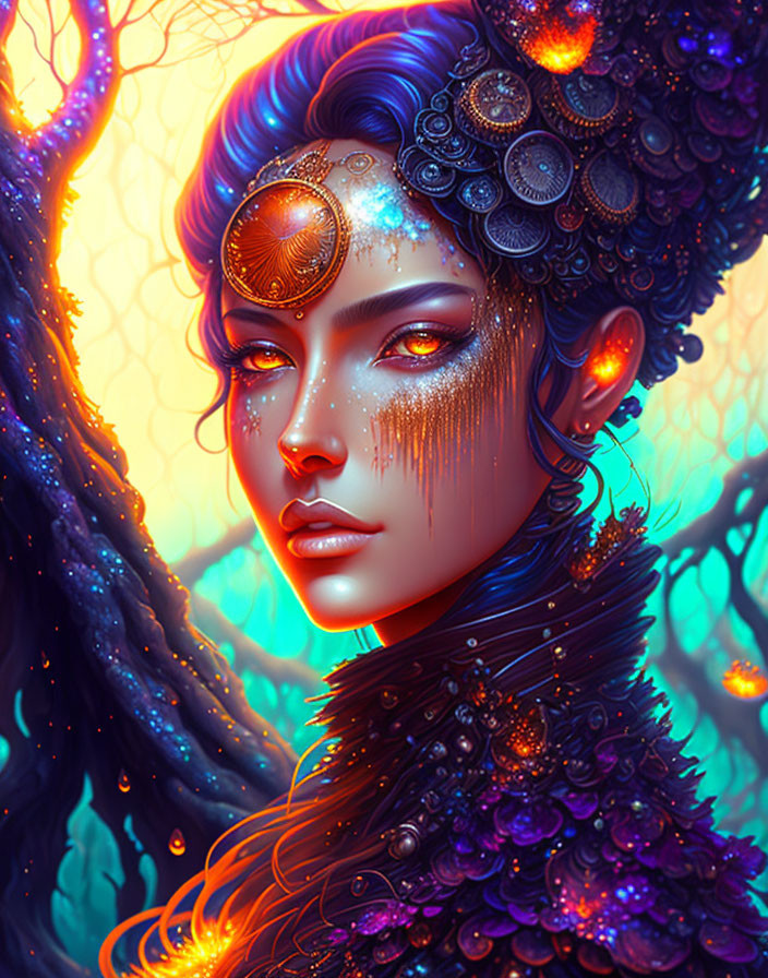 Fantasy woman with blue skin and golden tears in magical forest