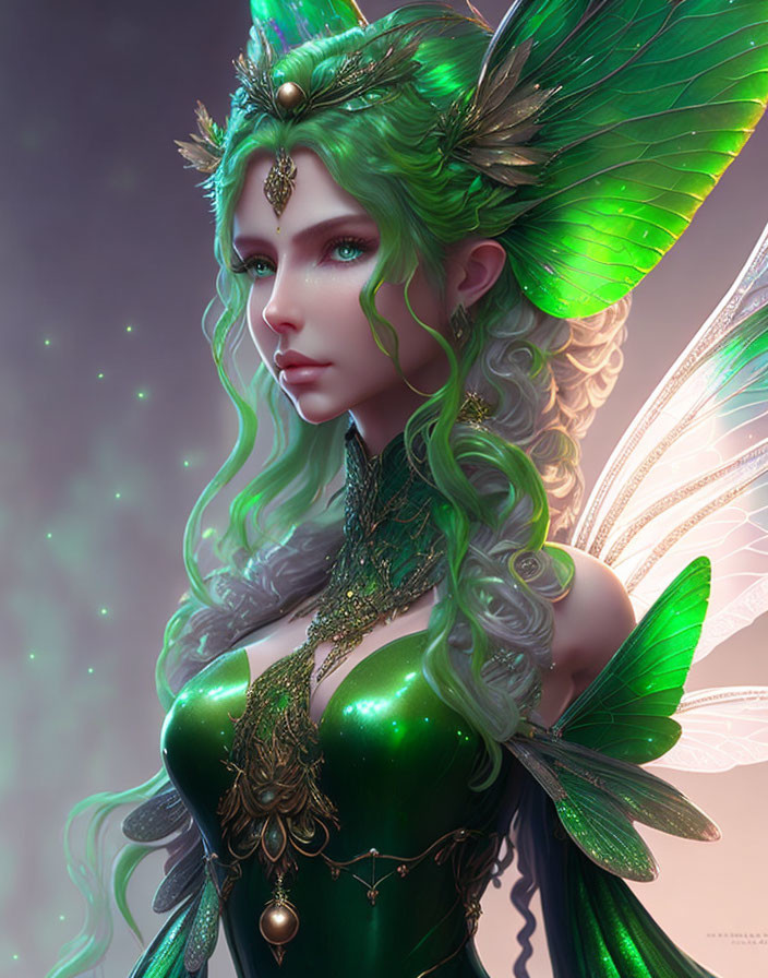 Fantasy illustration of woman with green hair, elfin ears, and butterfly wings