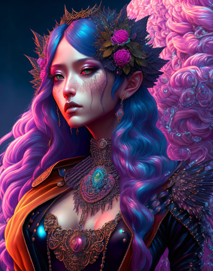 Digital artwork: Woman with blue and purple hair, floral crown, ornate jewelry on pink background