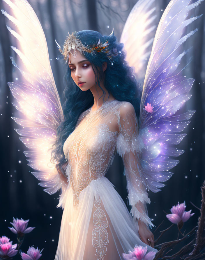 Fantasy illustration of woman with blue hair and luminescent wings in twilight forest