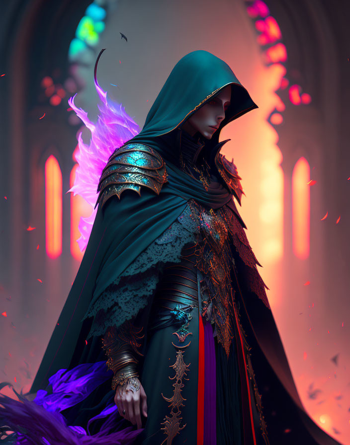 Cloaked figure in ornate armor with green hood and mystical purple flame before stained glass