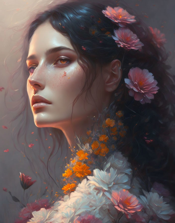 Portrait of woman with flowers in hair and freckles in contemplative gaze