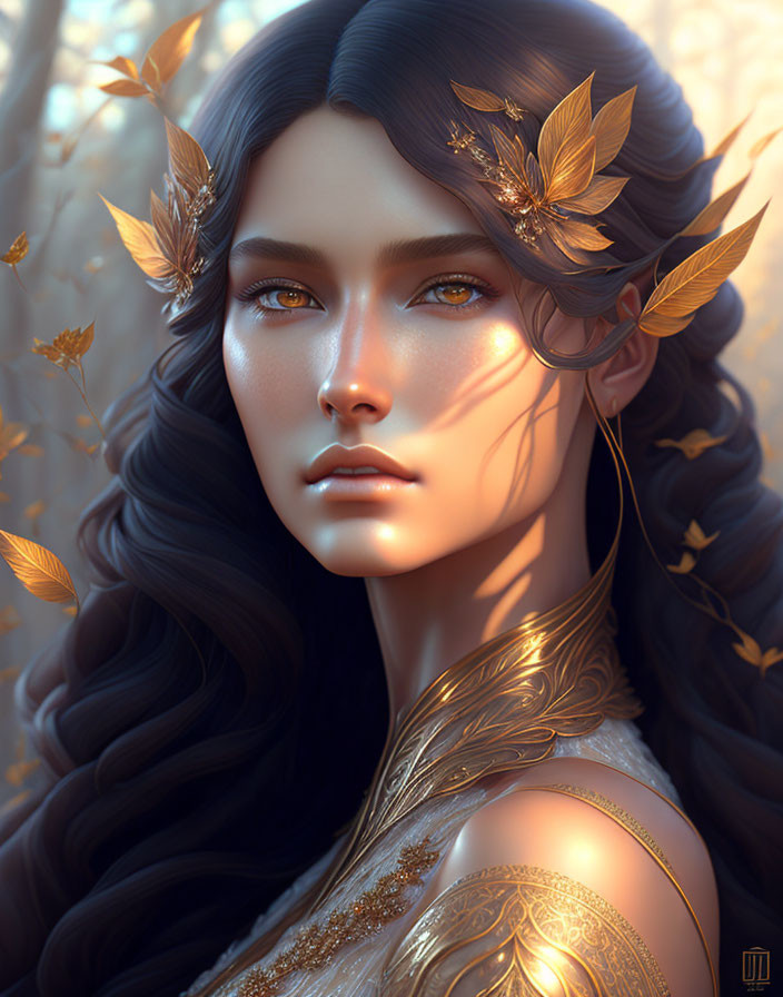 Digital artwork: Woman with flowing dark hair and golden laurel-like adornments in warm, sunlit