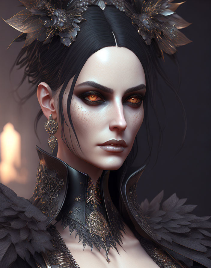 Digital artwork featuring woman with dark hair, golden eyes, ornate black and gold shoulder armor.