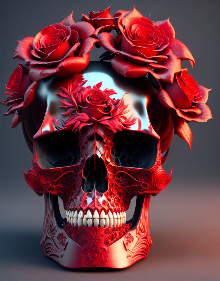 Skull digital art with red patterns and roses contrast