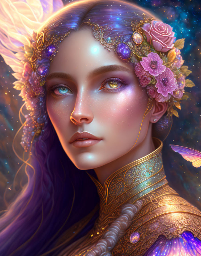 Digital portrait of woman with fantasy theme, floral crown, jewelry, butterfly, celestial background