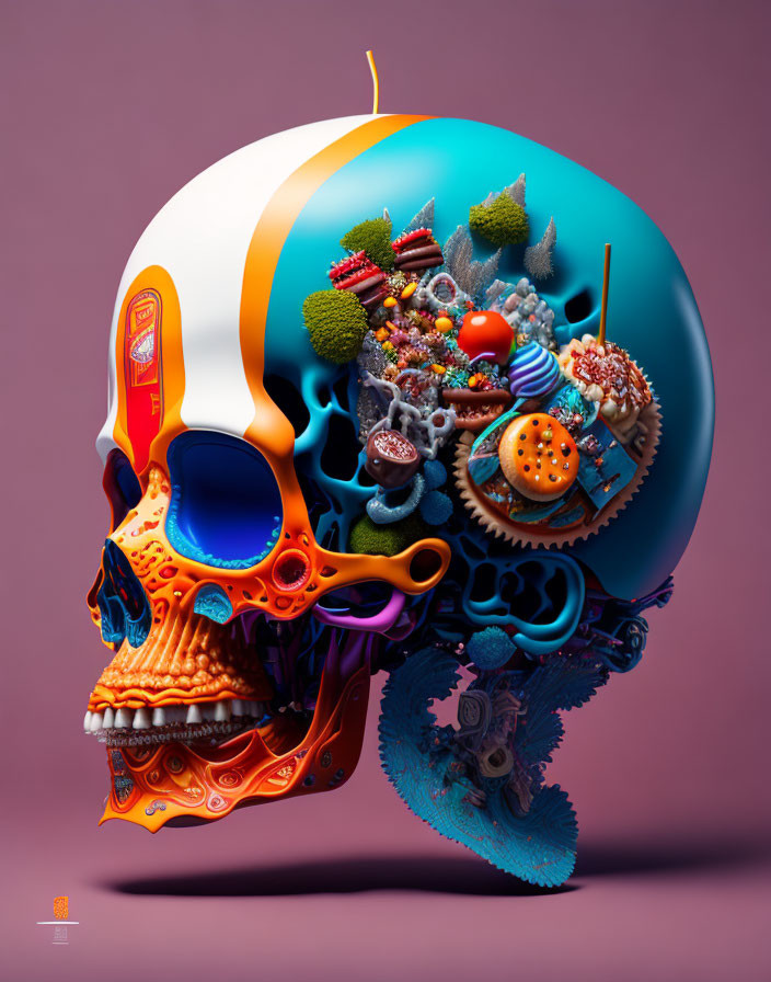 Colorful Surreal Skull Illustration on Pink Background