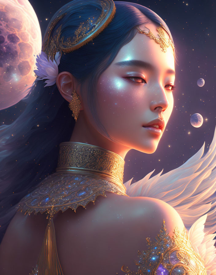 Celestial-themed digital artwork of a woman with sparkling skin and ethereal wings