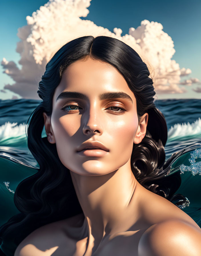 Illustration of serene woman with dark hair floating on water under fluffy cloud sky