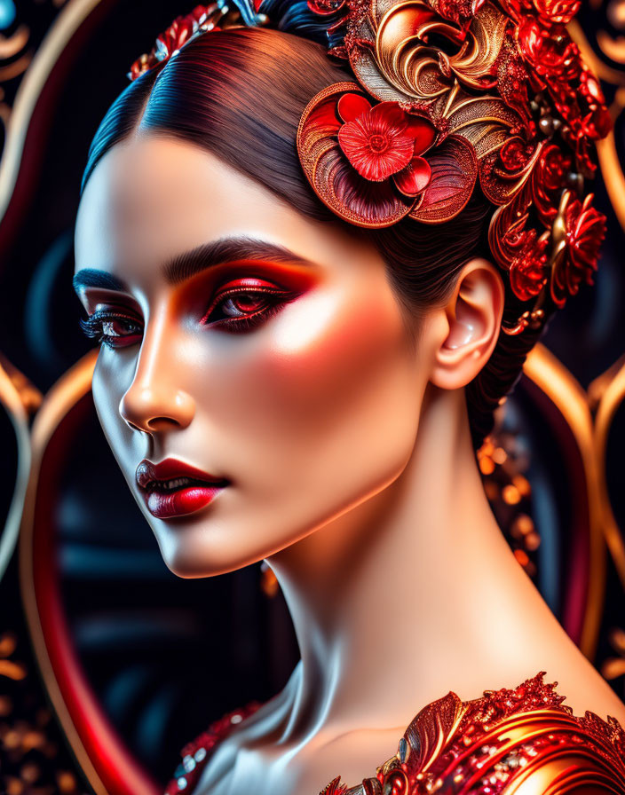 Elaborate red and gold headpiece on woman with dramatic makeup and red hues posed against dark background