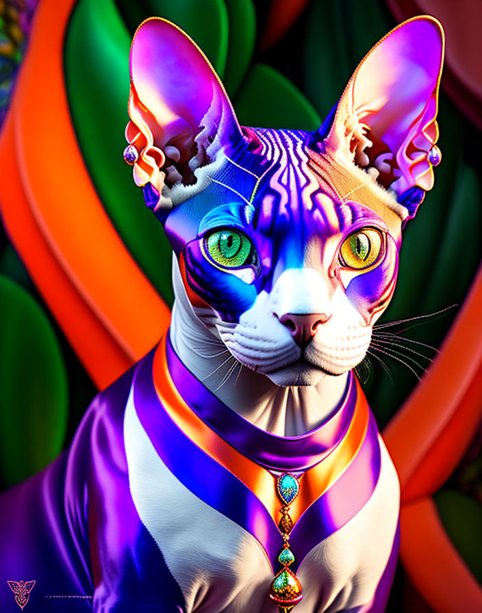 Vibrant sphynx cat digital artwork with rainbow palette and jewelry