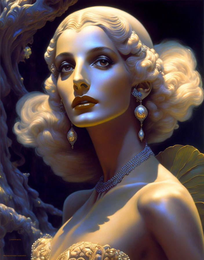 Illustrated portrait of woman with golden curls and jewelry on dark background.