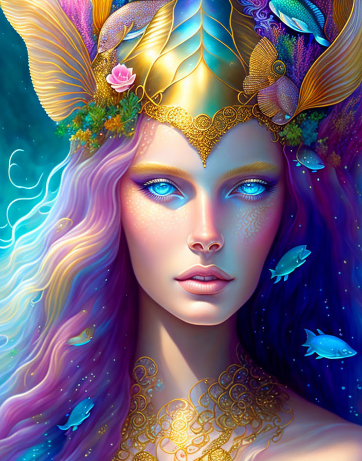 Colorful fantasy art of woman with multicolored hair and golden crown surrounded by whimsical fishes