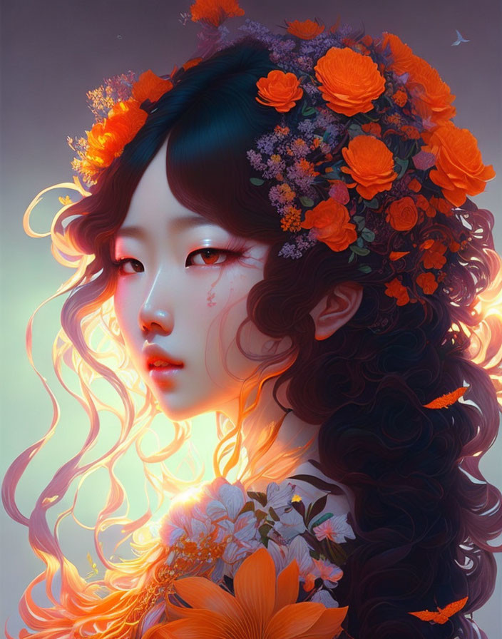 Illustration of person with long, wavy hair and orange flowers in serene lighting