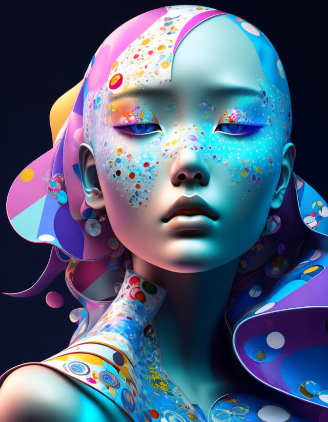 Vibrant digital artwork of female figure with colorful, patterned skin