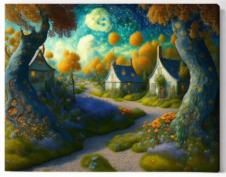 Whimsical Van Gogh-inspired painting of cottages, swirling skies, trees with faces, vibrant