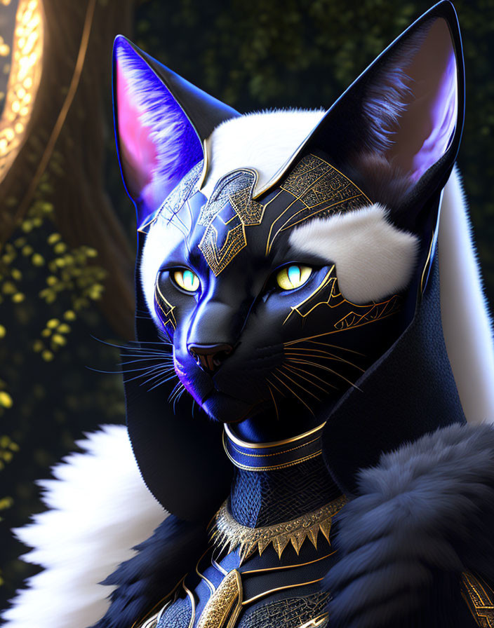 Anthropomorphic cat digital art with Egyptian-themed armor and headband.