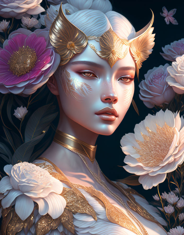 Ethereal figure with golden leaf-like accessories in dreamy floral setting