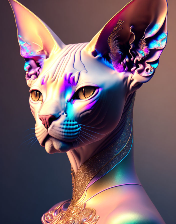 Colorful Digital Artwork: Iridescent Sphynx Cat with Ornate Decorations