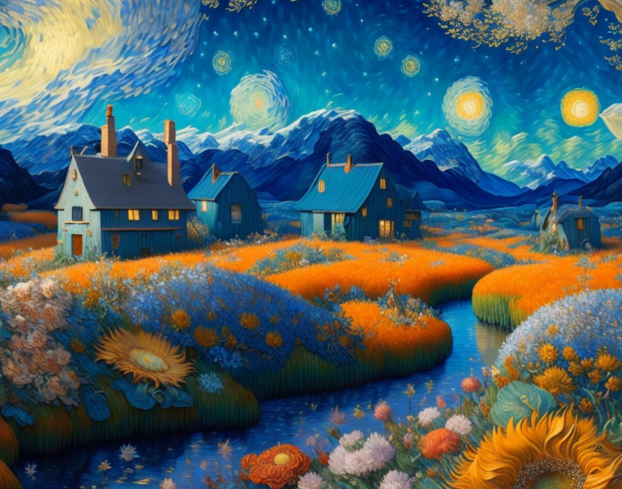 Vibrant painting: Starry night sky, cottages, flowery fields, rivers