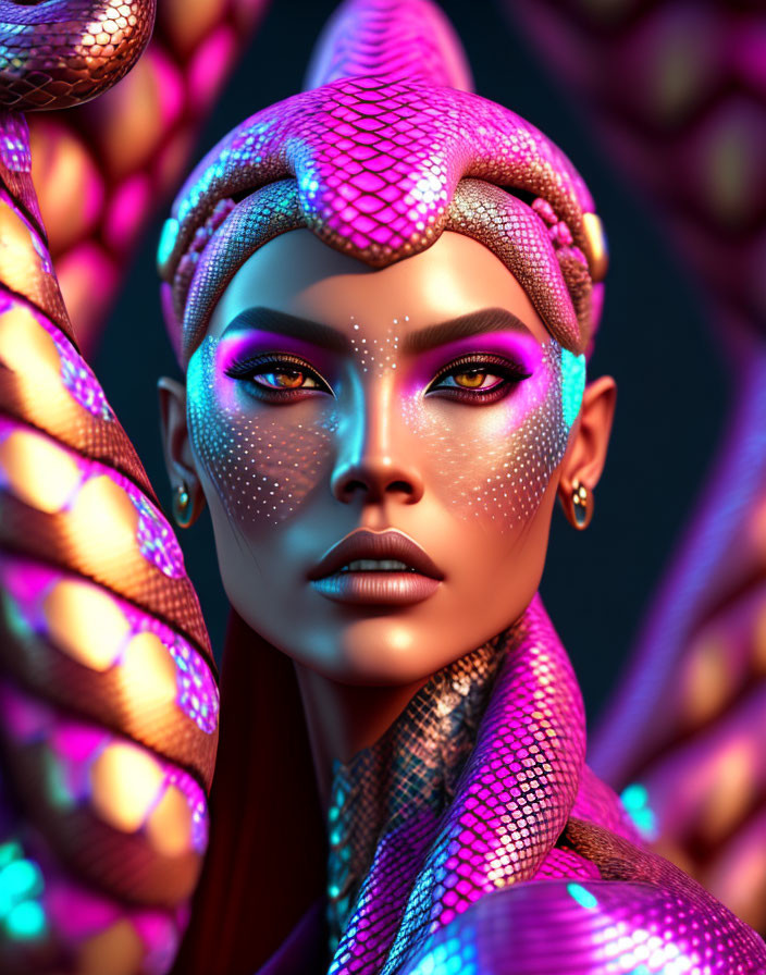 Digital art portrait of woman with vibrant snake-themed makeup and headdress on dark background.