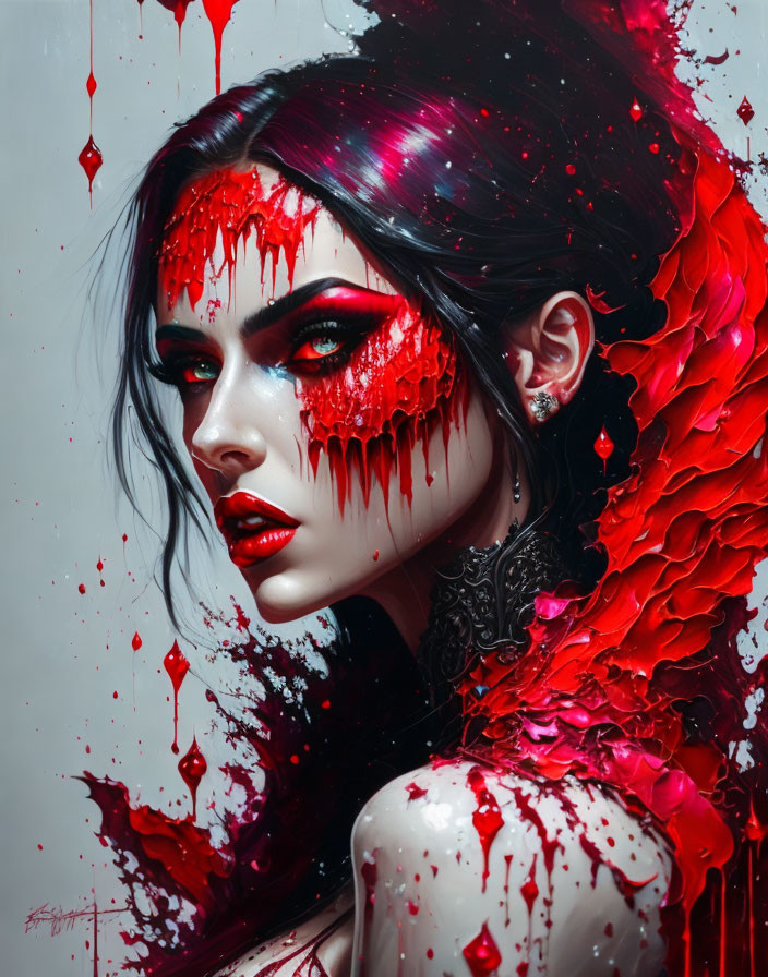 Woman with Striking Makeup Splattered in Red Liquid