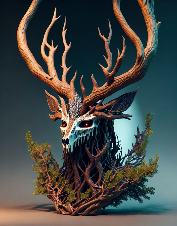 Surreal illustration of stag skull with intertwined antlers and bright eyes