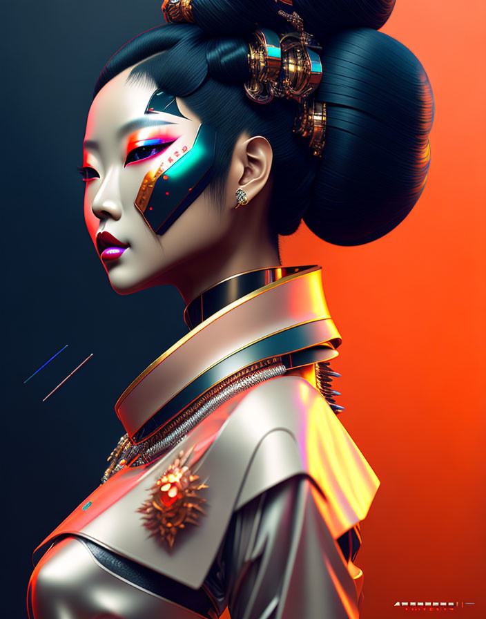 Futuristic digital art portrait of woman with metallic accents