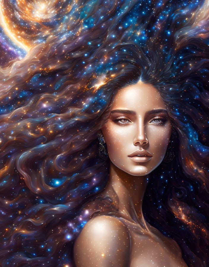 Surreal portrait of a woman merging with starry cosmos