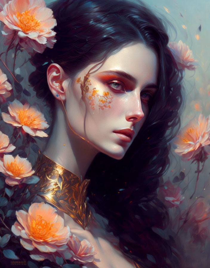 Digital artwork featuring woman with dark hair, fair skin, peach flowers, and gold leaf accents