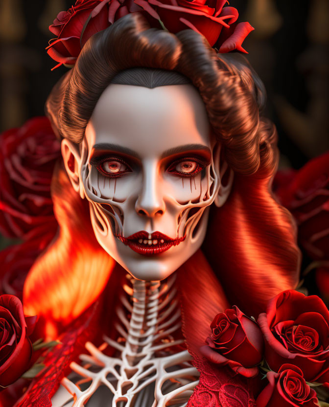 Woman with Skeleton Makeup and Red Roses: Day of the Dead Theme