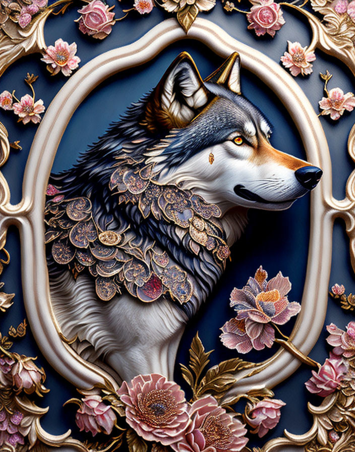 Detailed Wolf Illustration with Golden Accents and Floral Frame