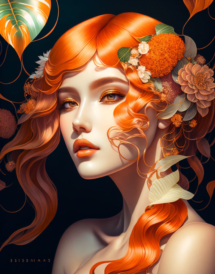 Digital artwork featuring woman with orange hair and floral adornments on dark background