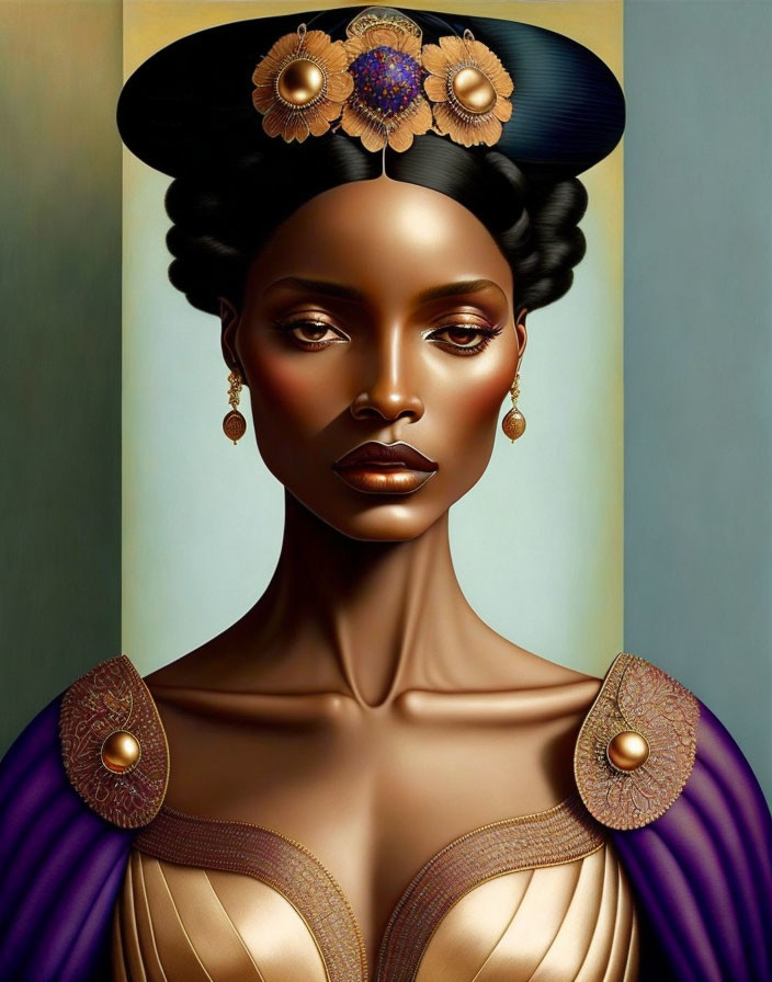 Regal woman digital artwork with golden headdress and purple attire