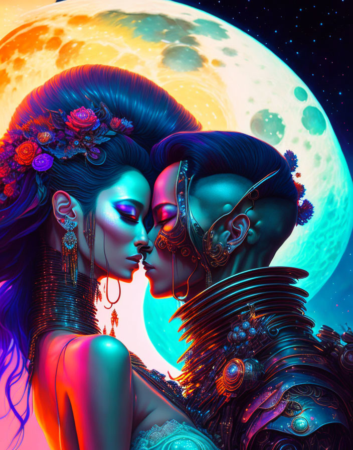 Futuristic couple embracing in vibrant illustration