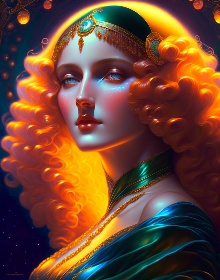 Illustration of woman with golden curls and jeweled headpiece on vibrant celestial backdrop