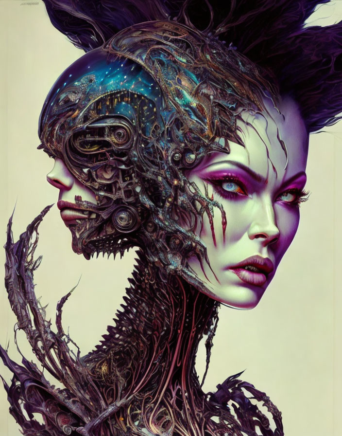 Surreal Cyborg Woman Artwork with Cosmic and Metallic Elements